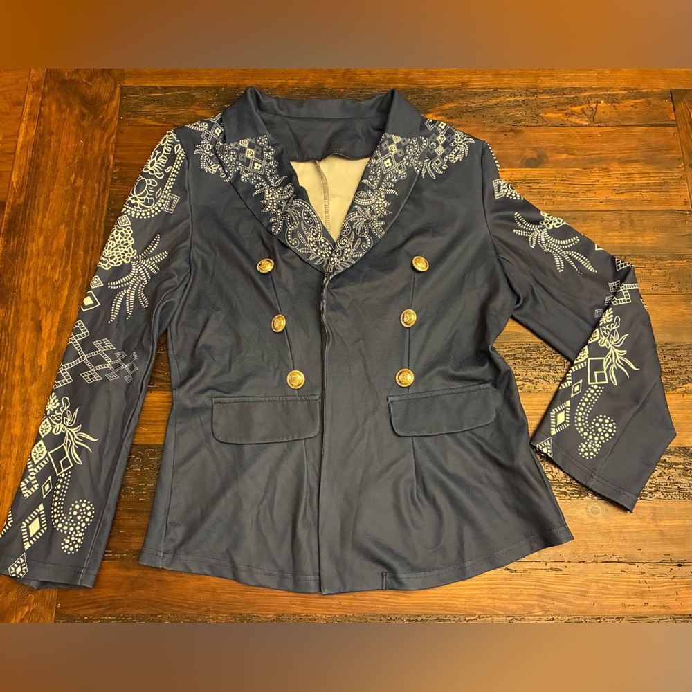 Navy Women's Blazer White Print Accent Plus Size 1X Button Lightweight Jacket